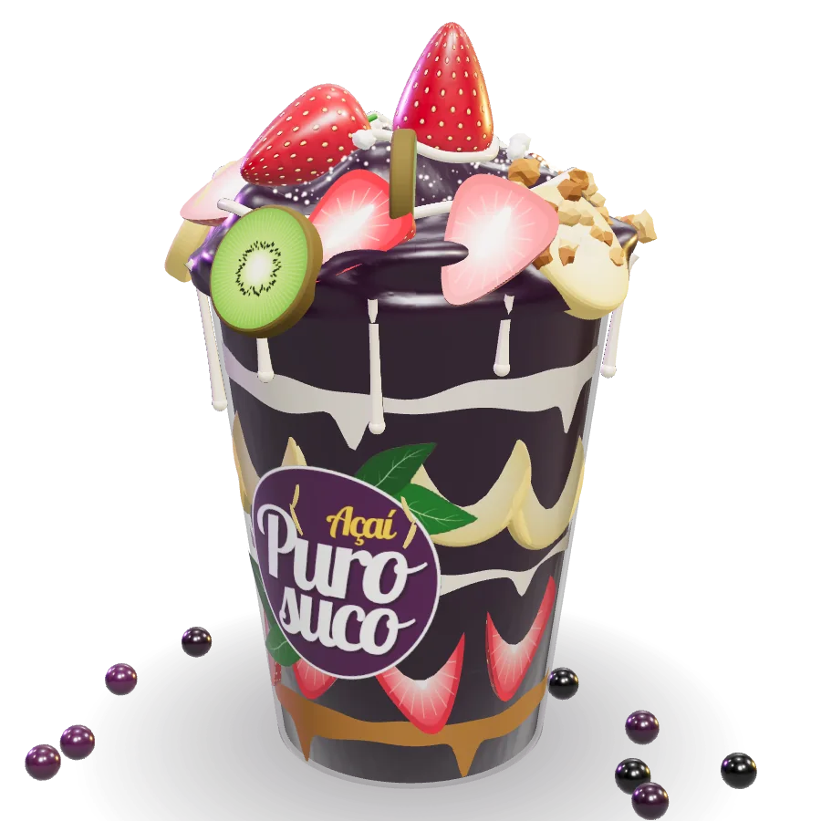 Copo de açaí Puro Suco com morango, banana, kiwi, leite Ninho, granola e leite condensado